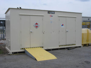 A covered shed provides a safe location for disposing hazardous materials by preventing exposure to stormwater and containing possible spills